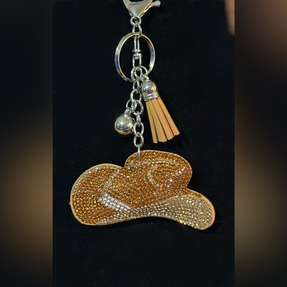 Cowboy Hat Gold Rhinestone Bag Charm Keyring